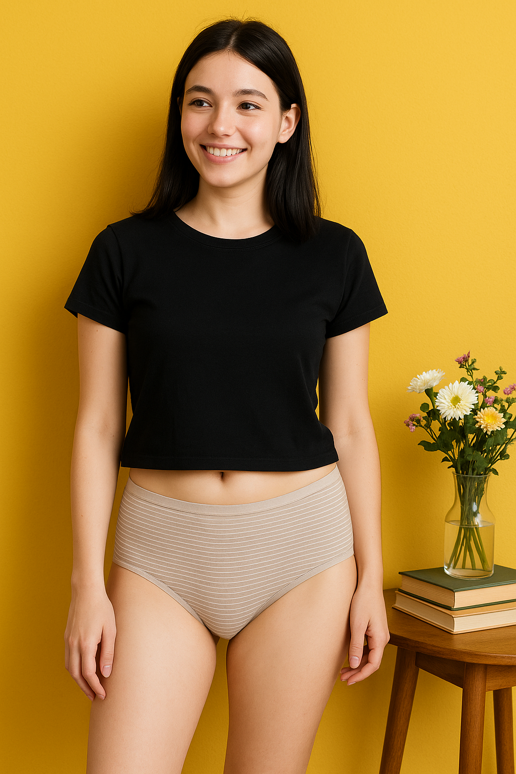 Woman wearing a black t-shirt and beige high-waisted shorts against a yellow background