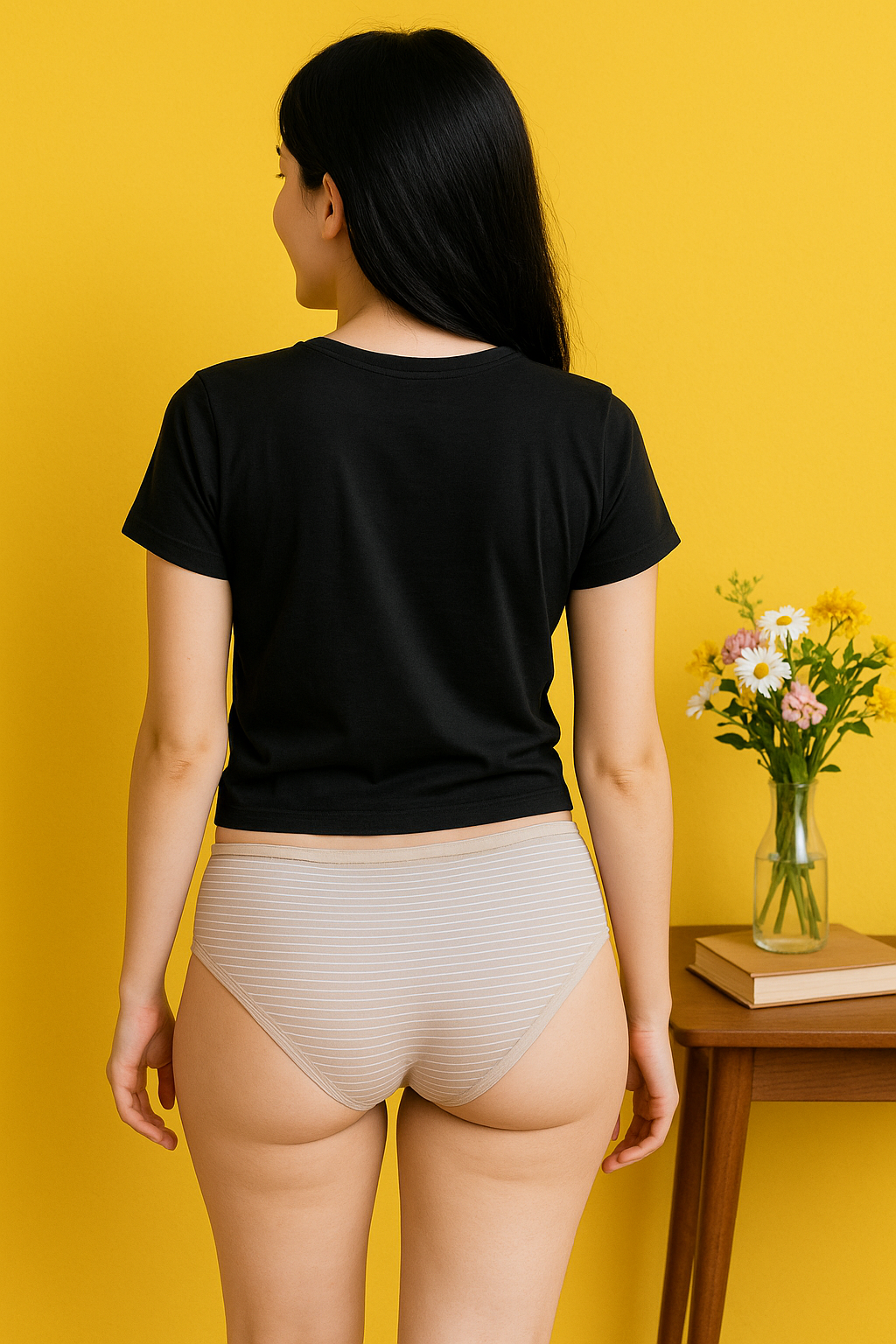 Person wearing a black t-shirt and beige underwear against a yellow background with a small table and flowers.