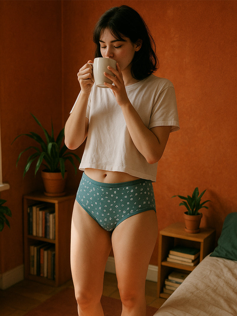 Woman drinking from a mug in a room with orange walls and plants.