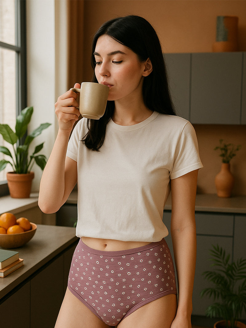 Woman drinking from a mug in a kitchen