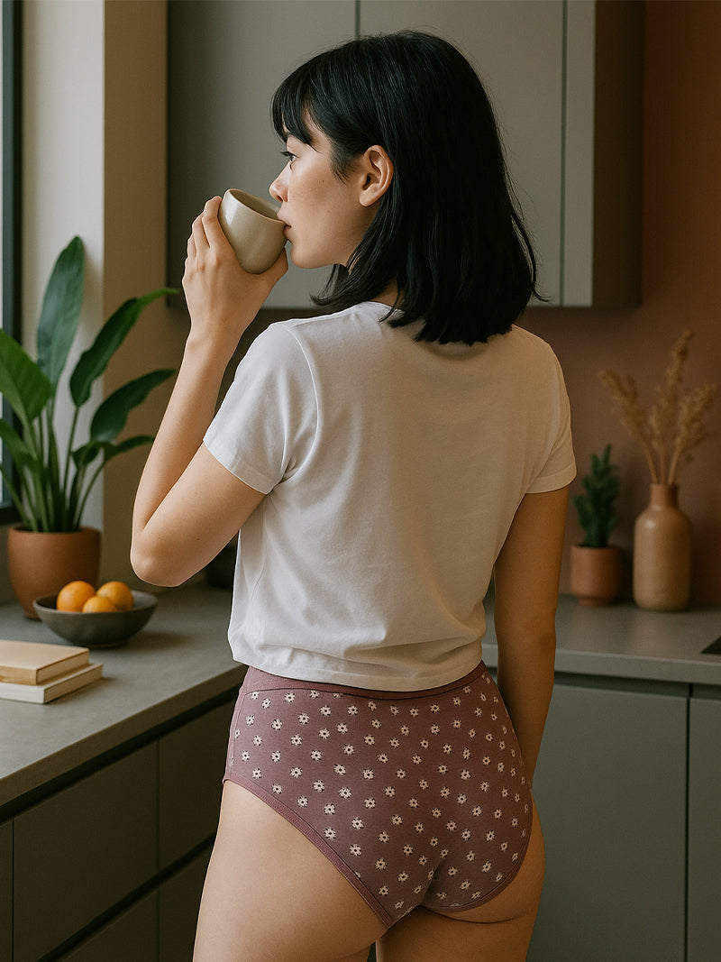 Woman in a kitchen holding a mug, wearing a white shirt and patterned underwear.