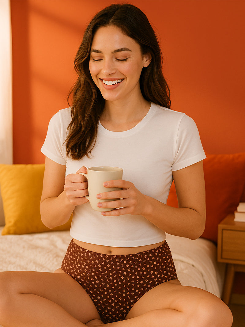 Woman sitting on a bed holding a mug, wearing a white t-shirt and brown polka dot underwear, with an orange wall in the background.