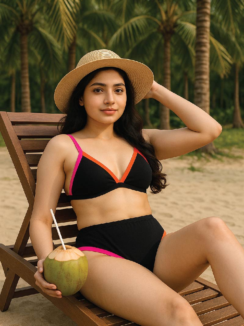Woman in a black neon bikini with colorful accents sitting on a beach chair holding a coconut, palm trees in the background.