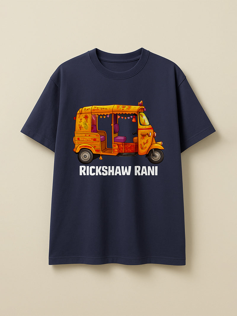 Navy blue t-shirt with a colorful rickshaw graphic and 'Rickshaw Rani' text on a beige background
