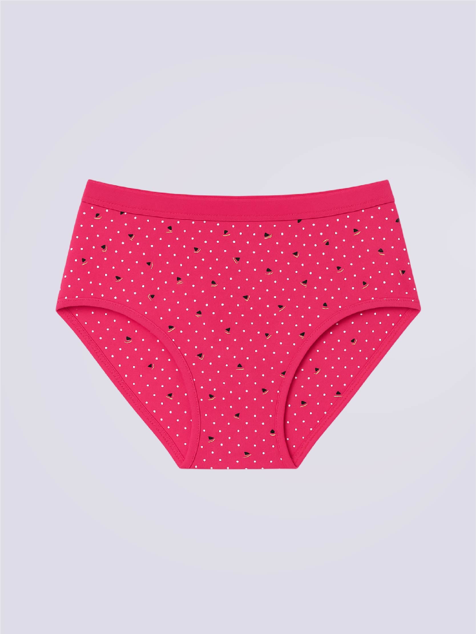 Pink polka dot underwear on a light purple background