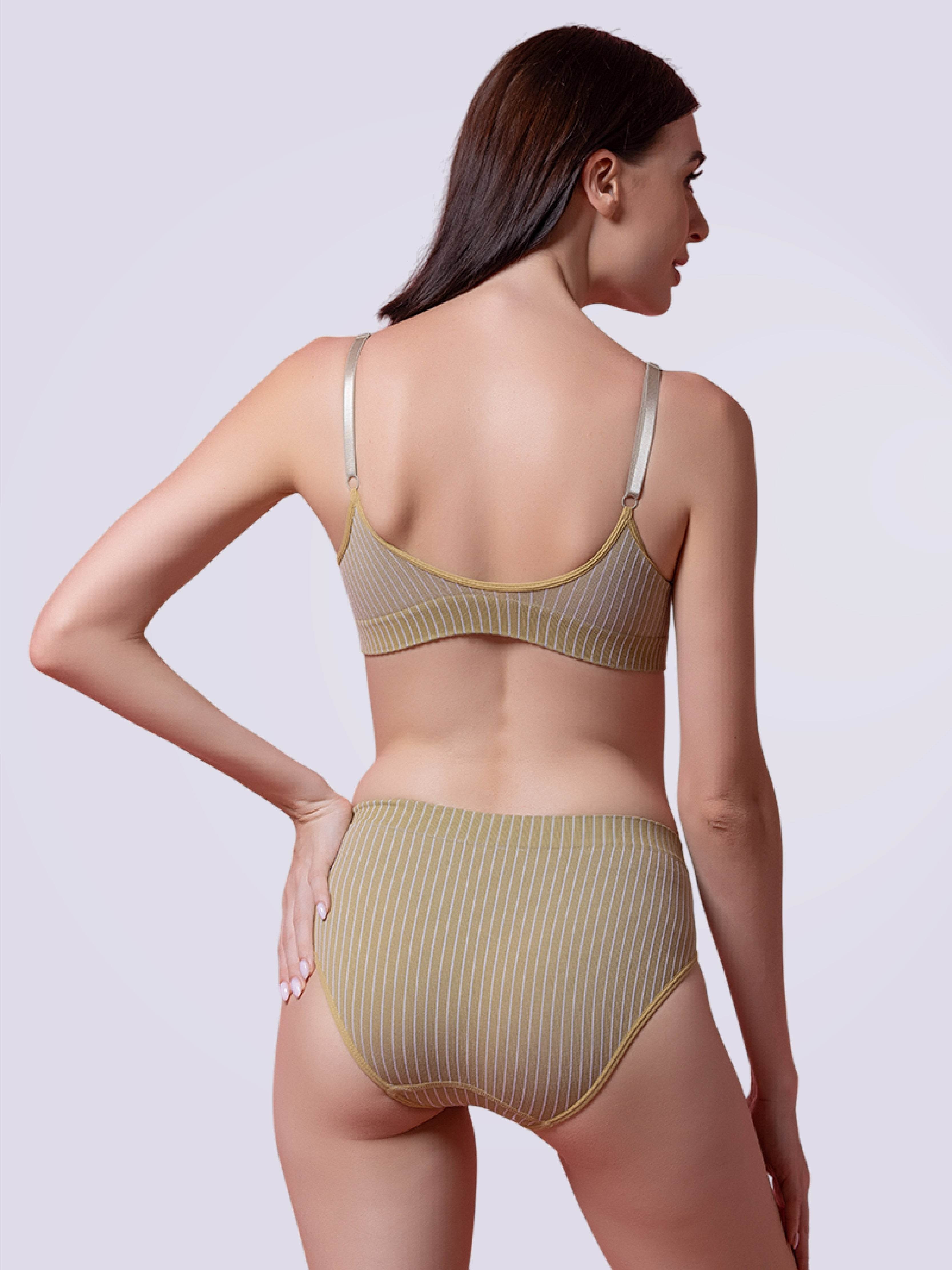 Sultry Stripes Set Of Lightly Padded Bra with Soft Cotton Lycra Panty in Green - Bold And Bae Fashion