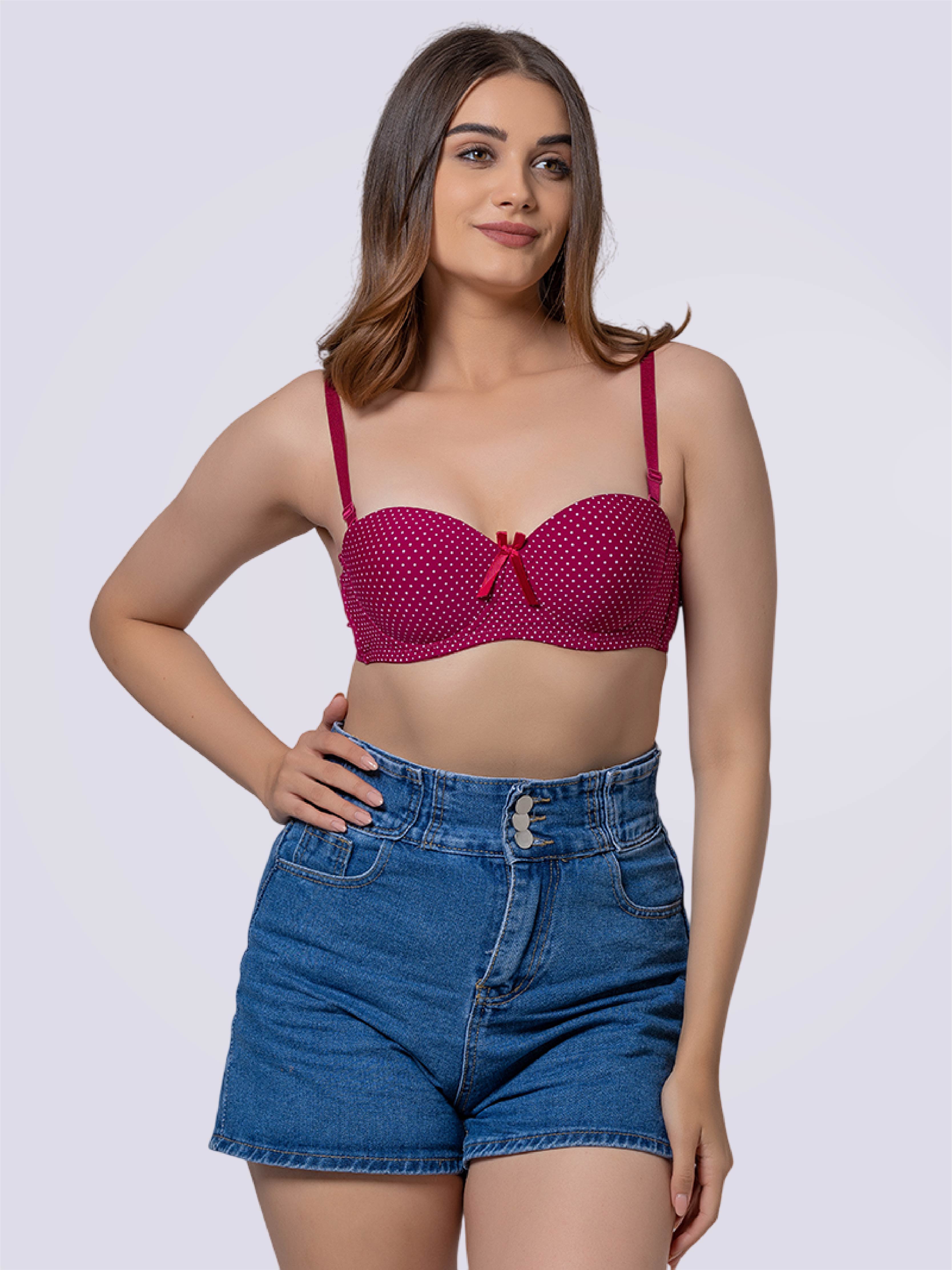 This image features a vibrant, yellow Dashing Dot Lightly Padded Underwired Demi Cup Bra, showcased on a woman. The bra is adorned with playful, black polka dots, adding a whimsical touch to its design.