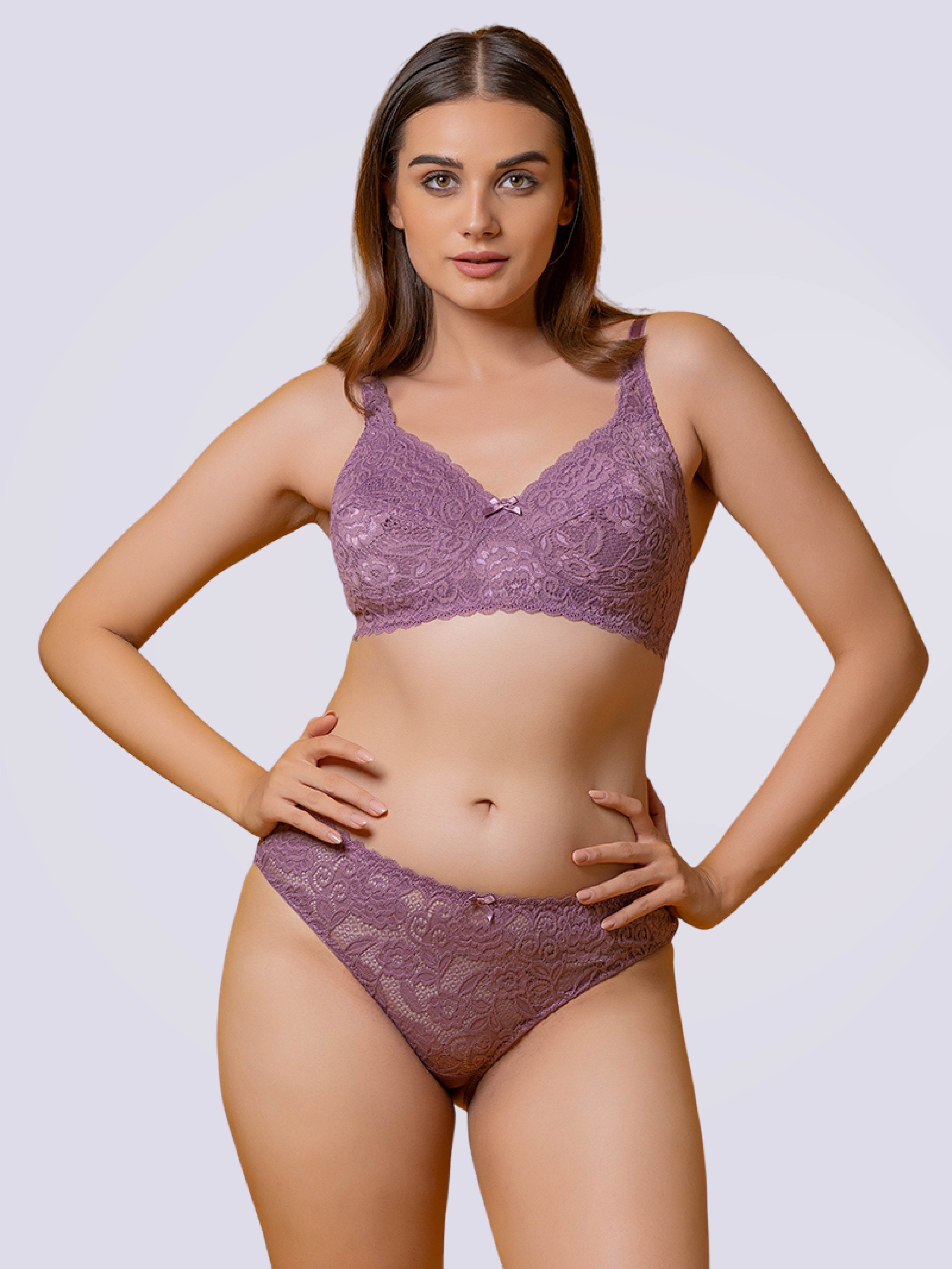 Lacy Lustre Non Padded Full Coverage Bra And Panty Set in Grape - Bold And Bae Fashion