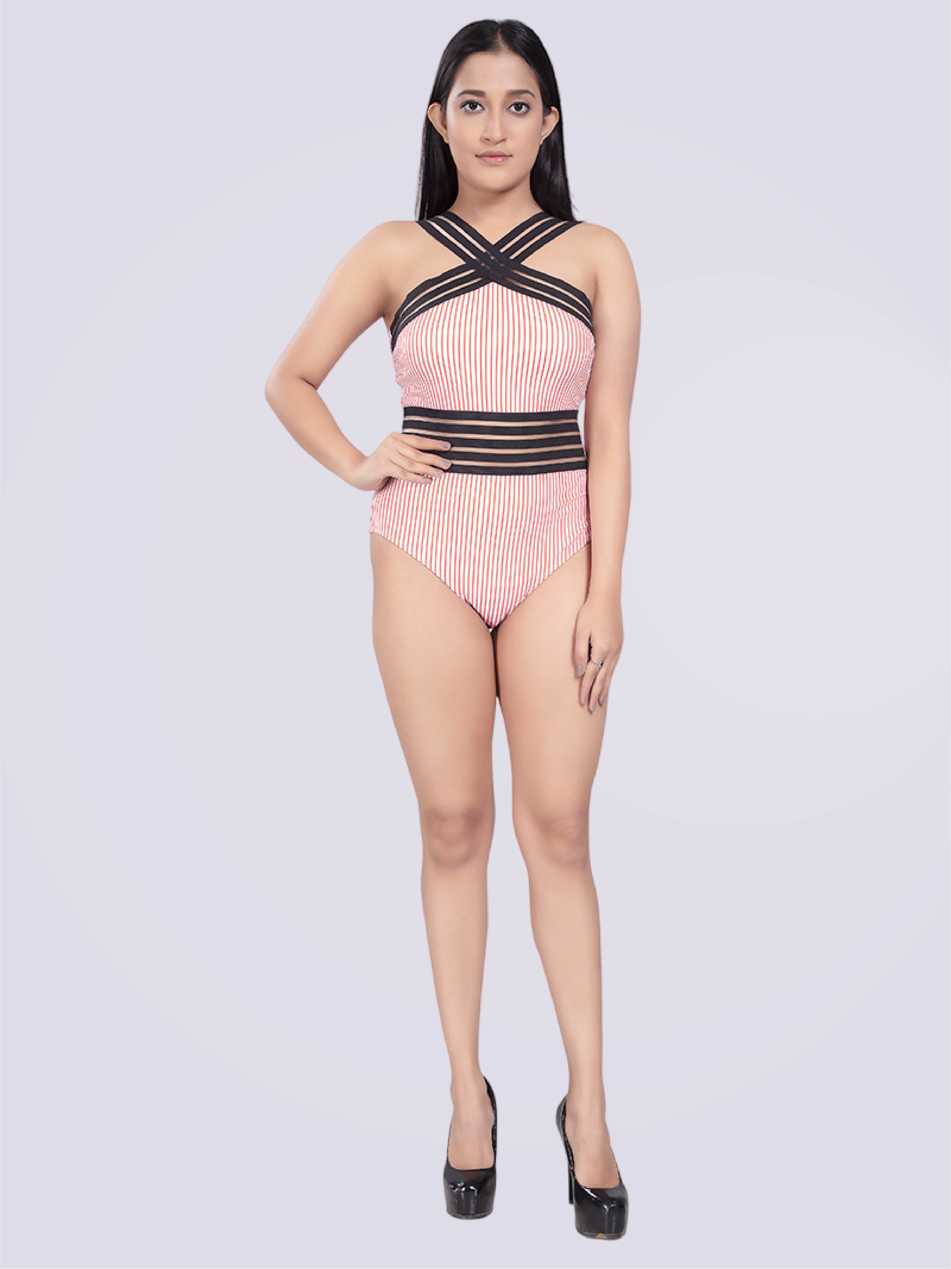 Monokini With Criss-Cross Front In White Red Stripe - Bold And Bae Fashion