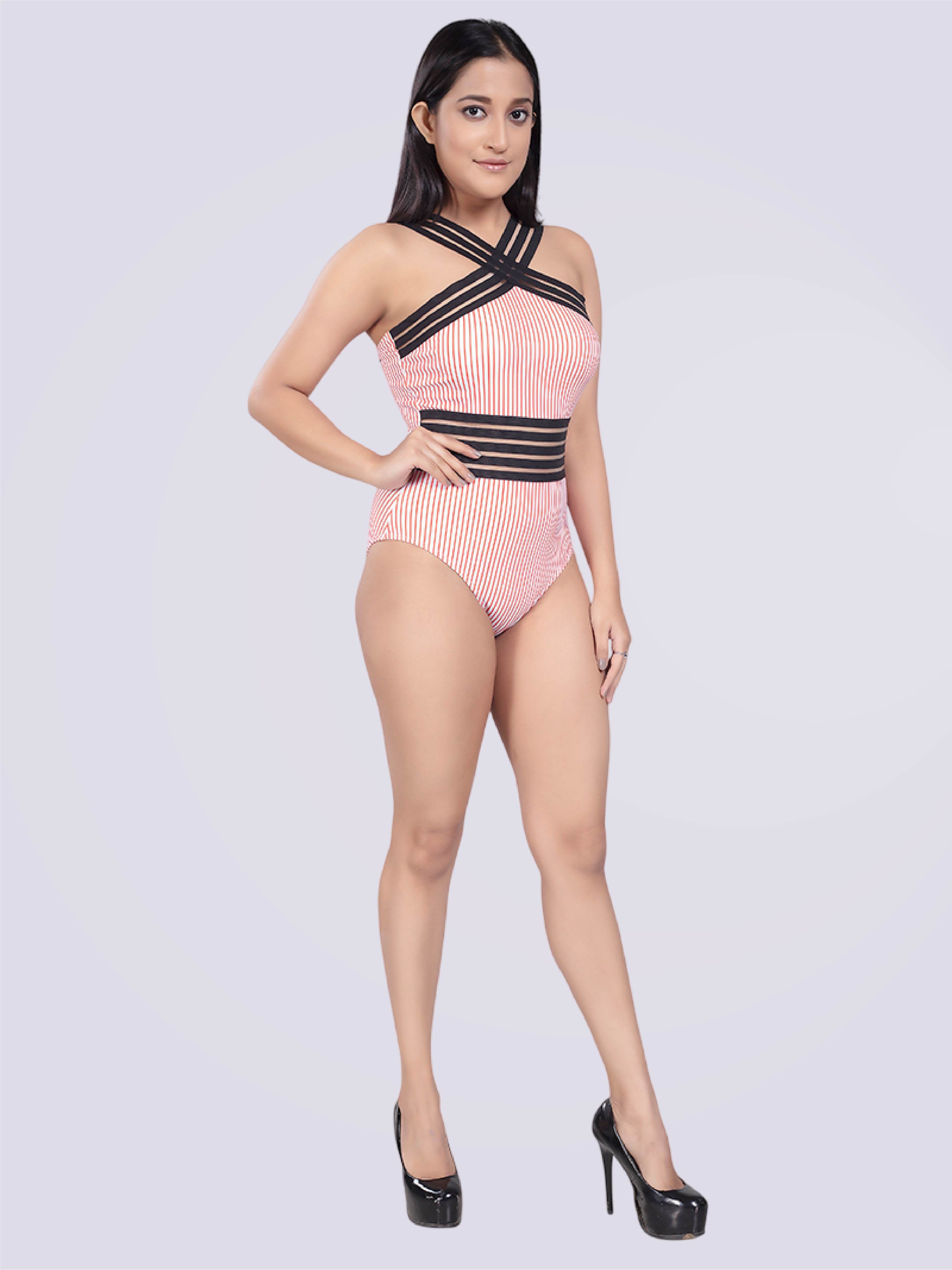 Monokini With Criss-Cross Front In White Red Stripe - Bold And Bae Fashion