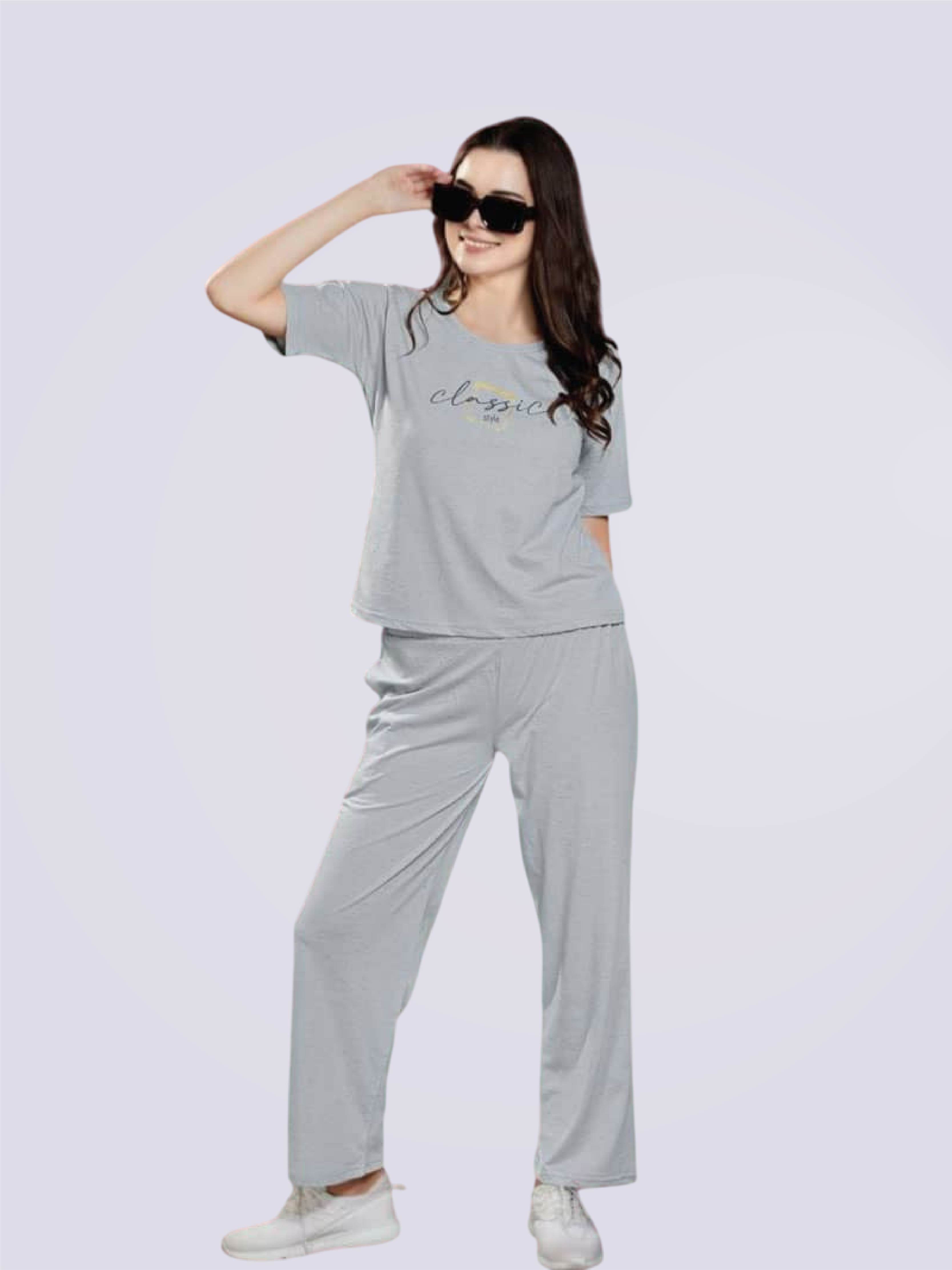 Cotton Printed T-Shirt & Pyjama Set In Grey - Bold And Bae Fashion