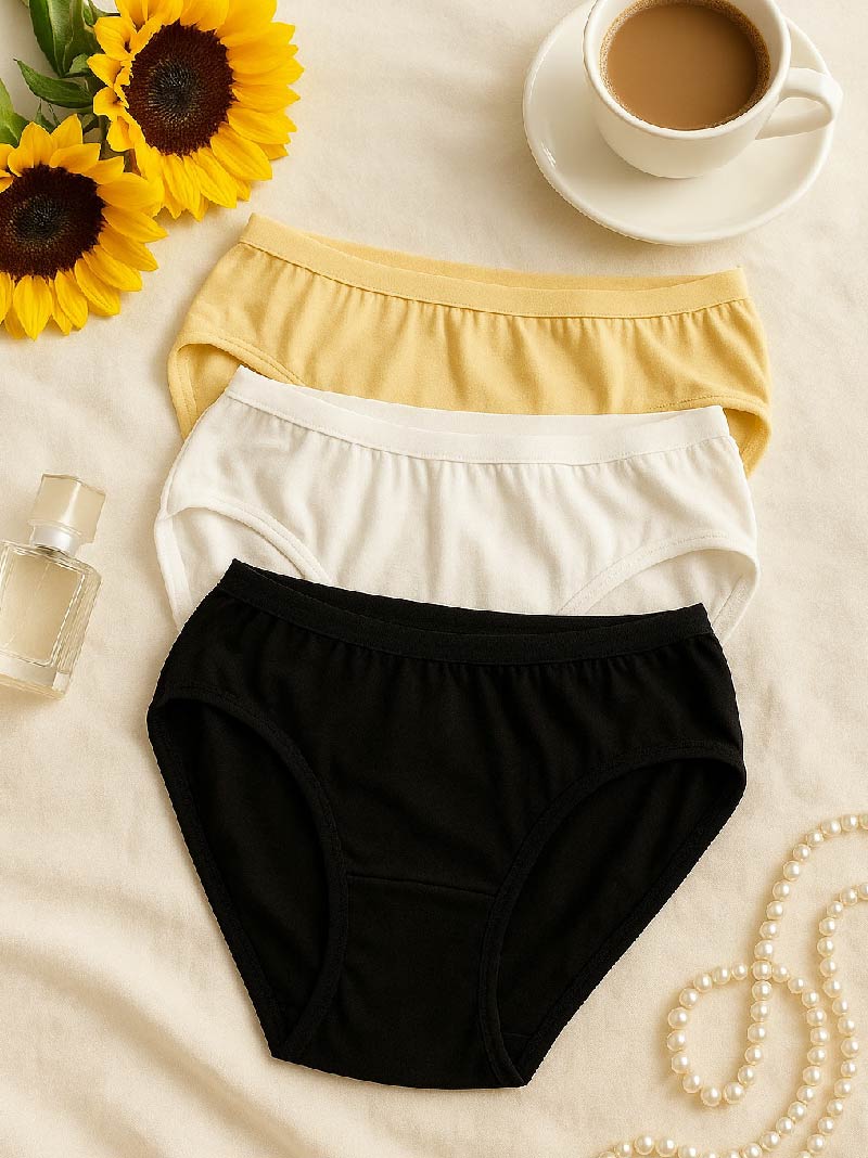 Three pairs of women's underwear in yellow, white, and black on a beige surface with sunflowers and a cup of coffee.