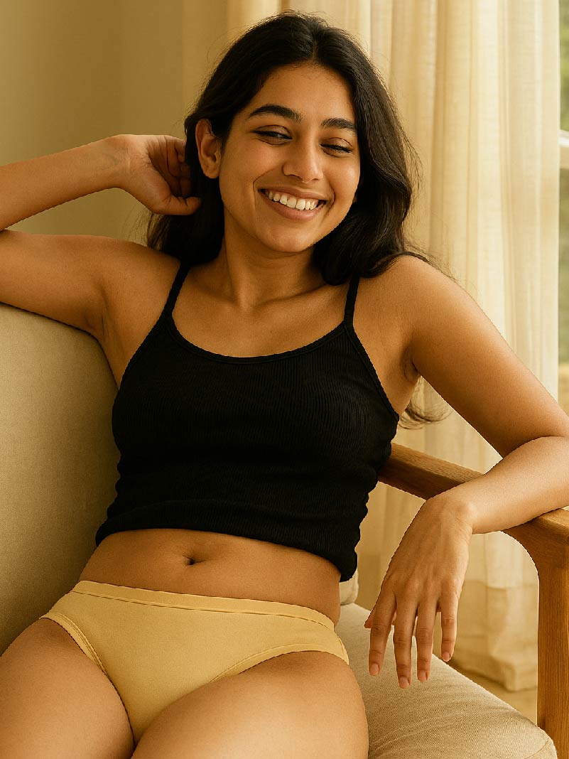 Woman sitting on a couch wearing a black tank top and beige underwear, smiling.