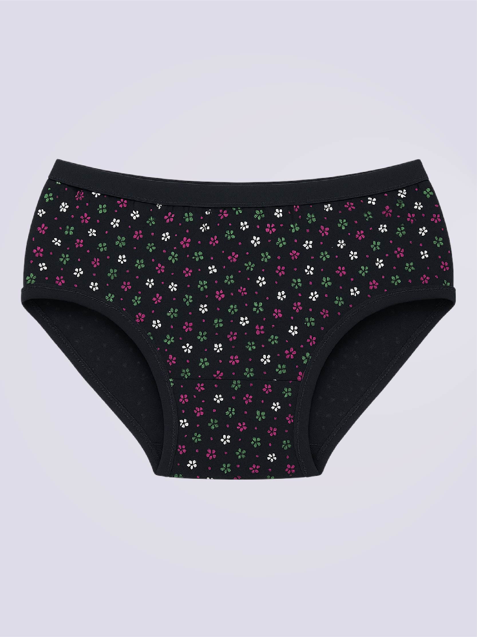 Black women's underwear with floral pattern on a light gray background