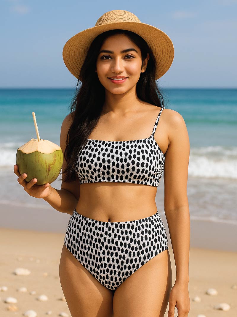 Woman in black & white polka dot bikini holding a coconut on a beach