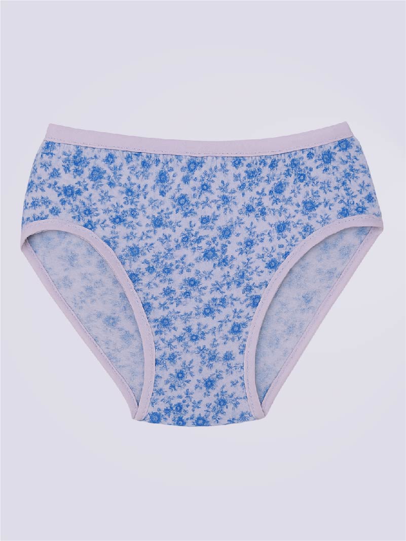 Blue floral-patterned underwear on a light purple background