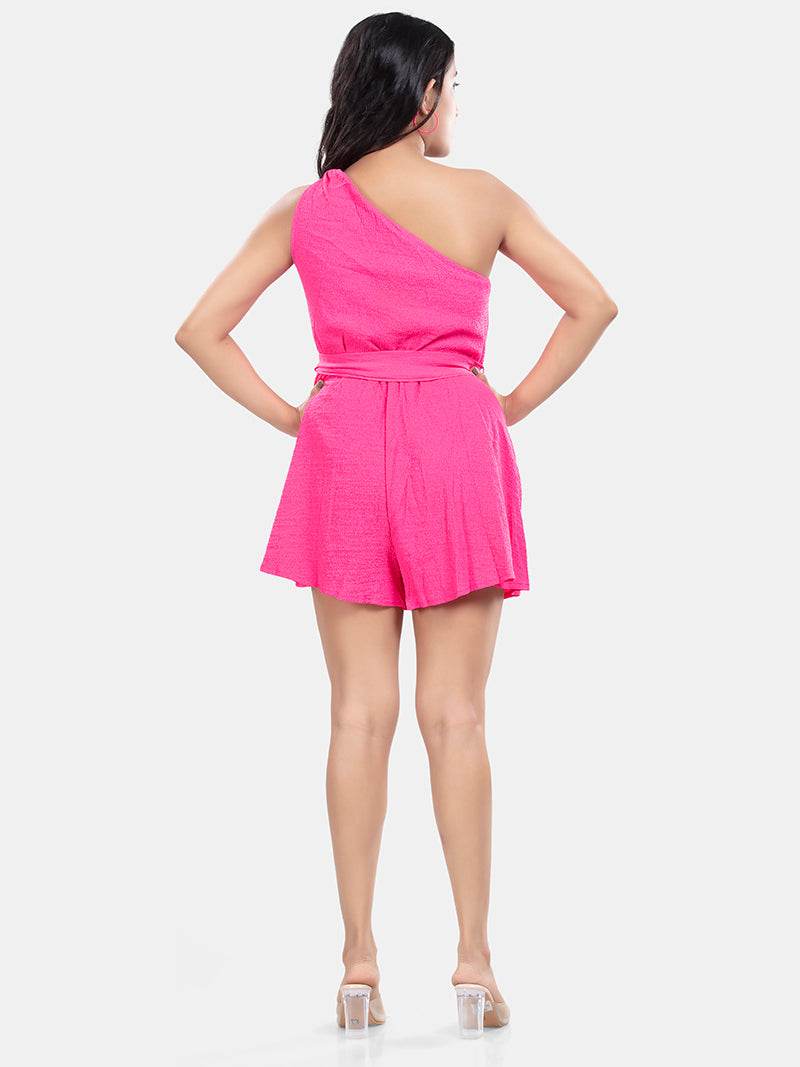 Romper One Shoulder Dress In Pink - Bold And Bae Fashion