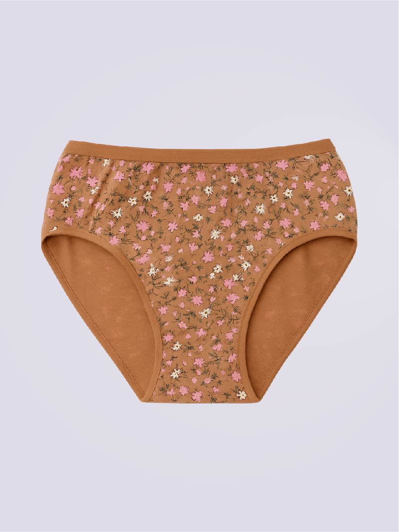 Brown floral-patterned underwear on a light gray background