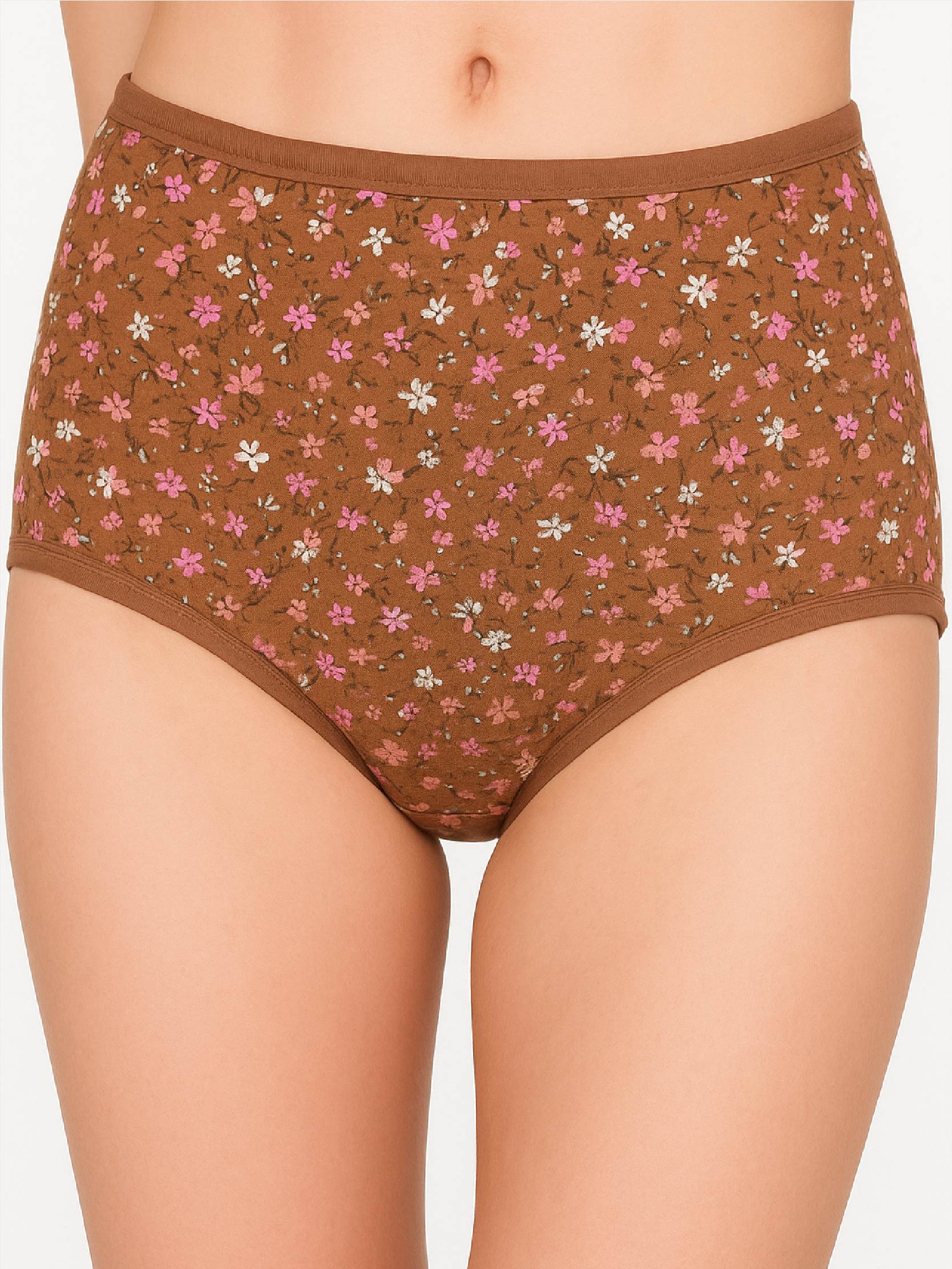Floral-patterned brown underwear on a plain background