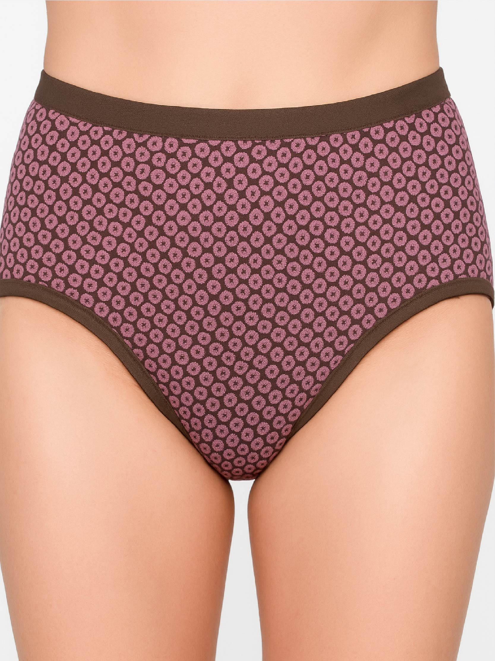 Patterned underwear with brown waistband on a neutral background