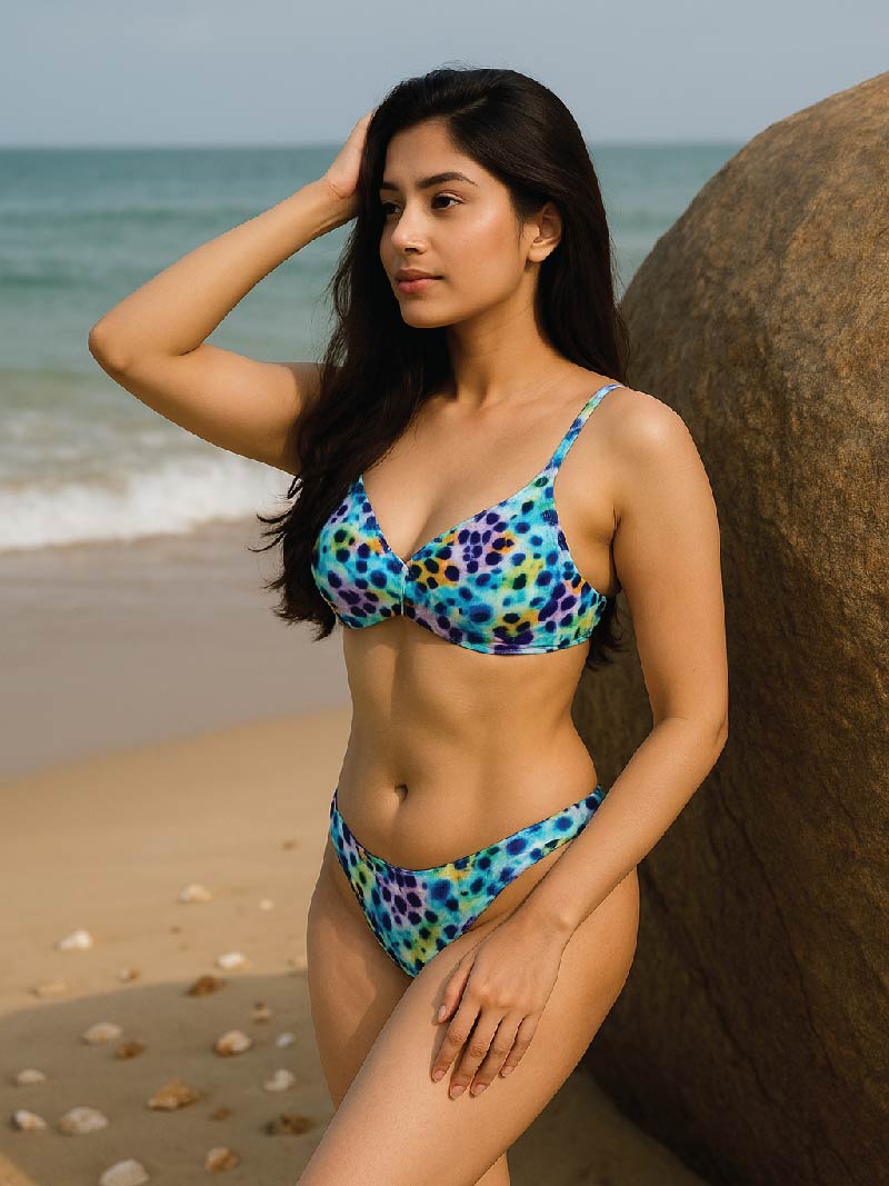 Woman in a colorful animal print bikini standing on a beach with ocean in the background