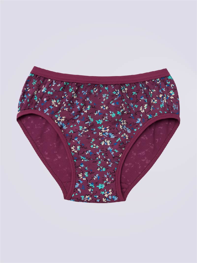 Maroon women's underwear with floral pattern on a light purple background
