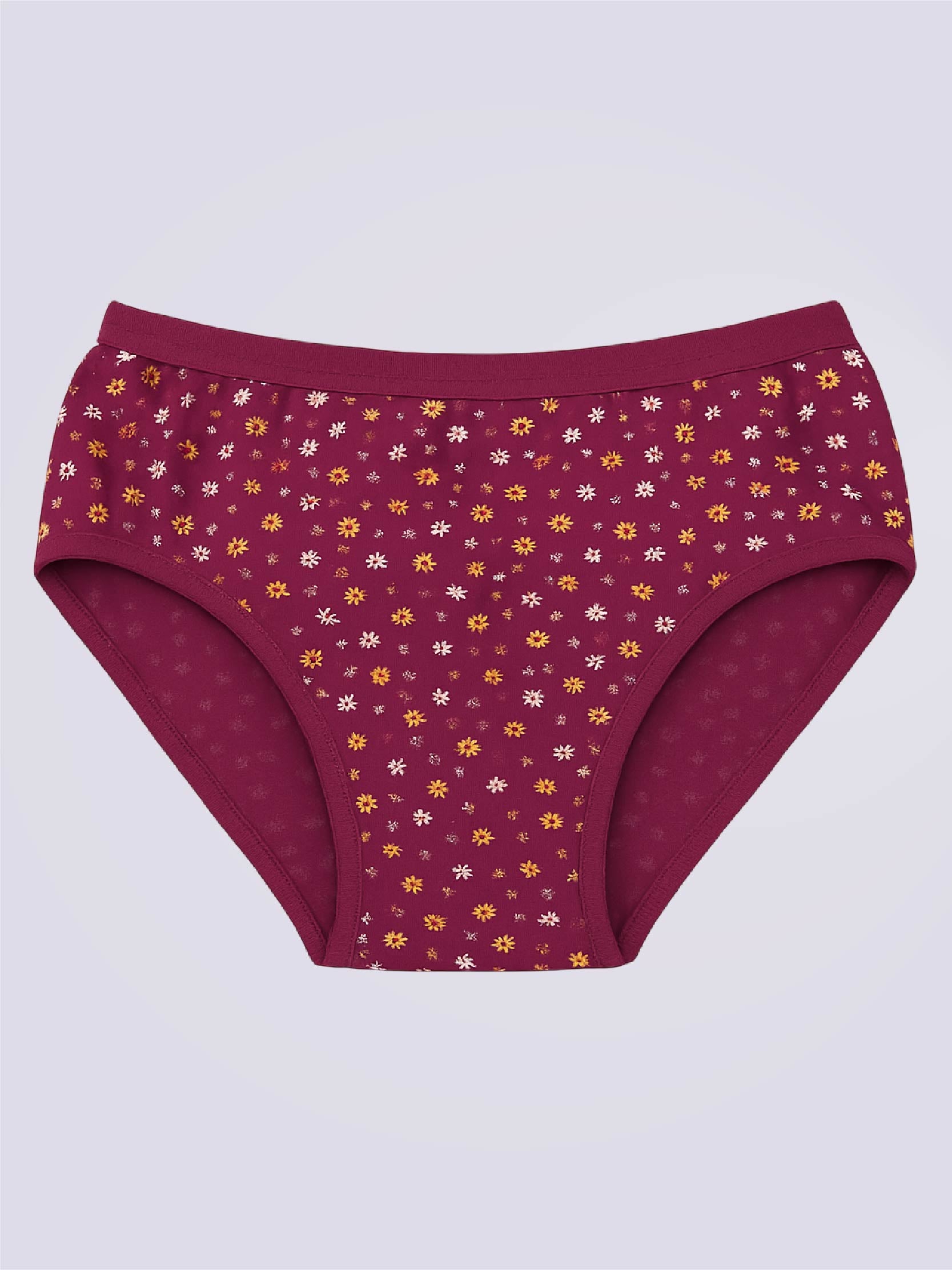 Maroon women's underwear with small floral pattern on a light gray background