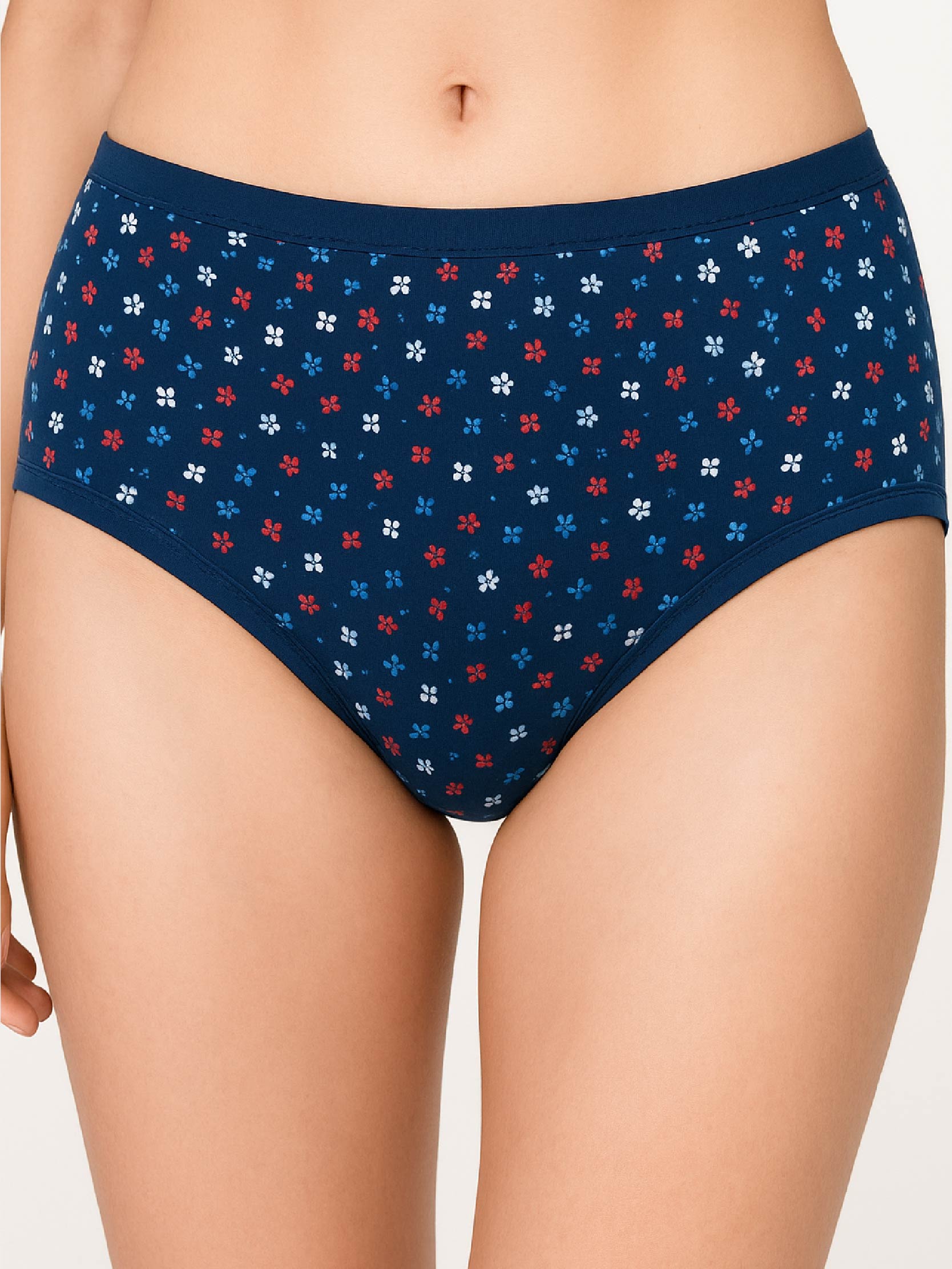 Navy blue underwear with red and white floral pattern on a plain background