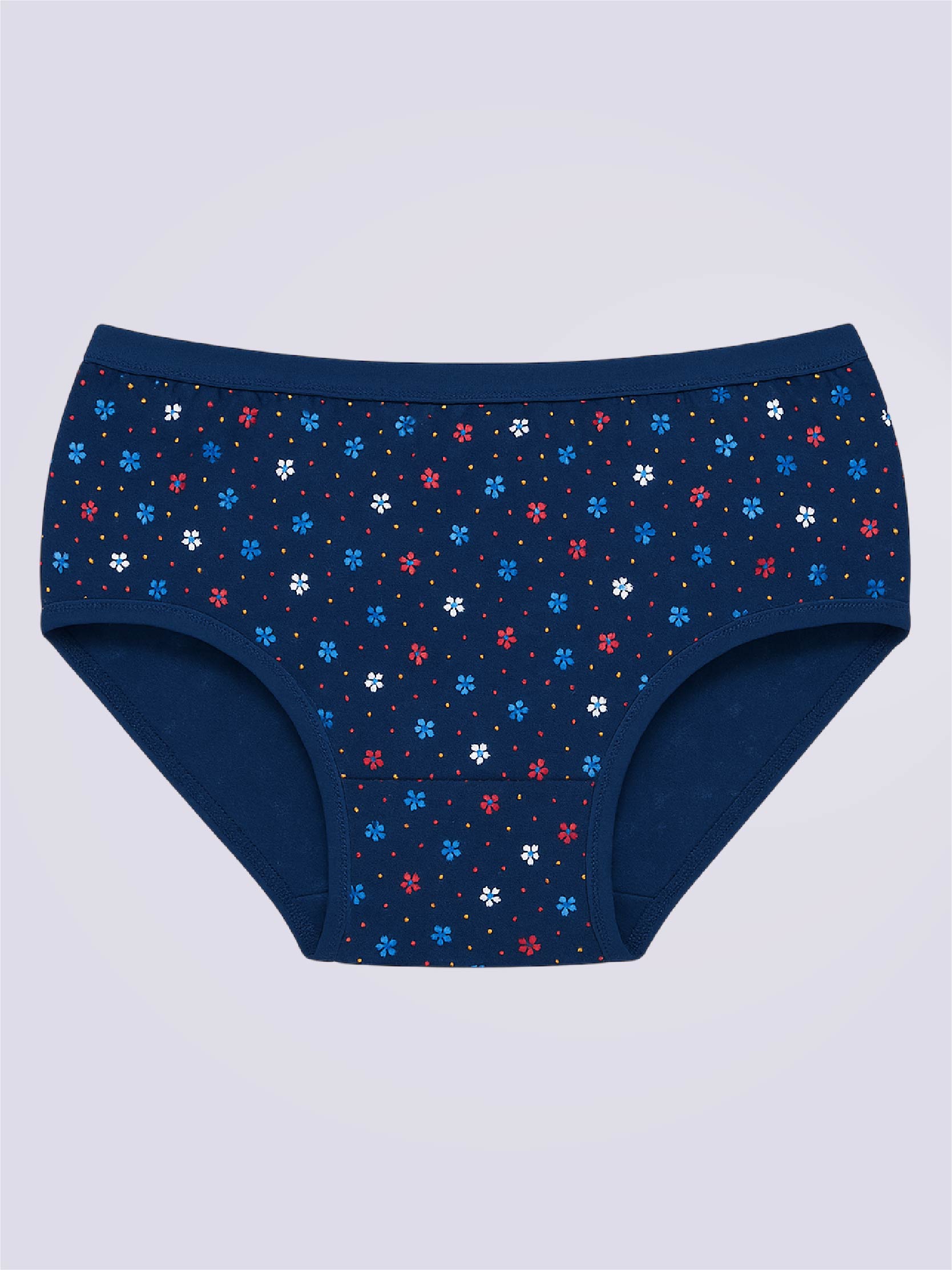 Navy blue underwear with small floral pattern on a light gray background
