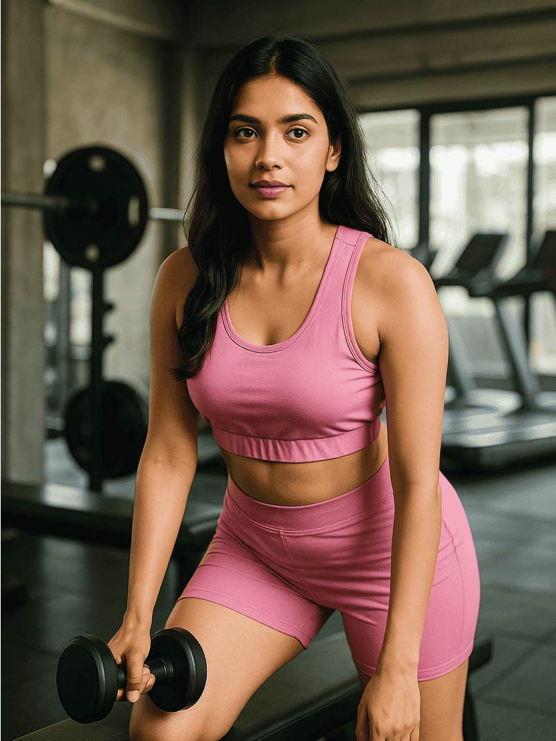 Woman in pink athletic wear holding a dumbbell in a gym setting