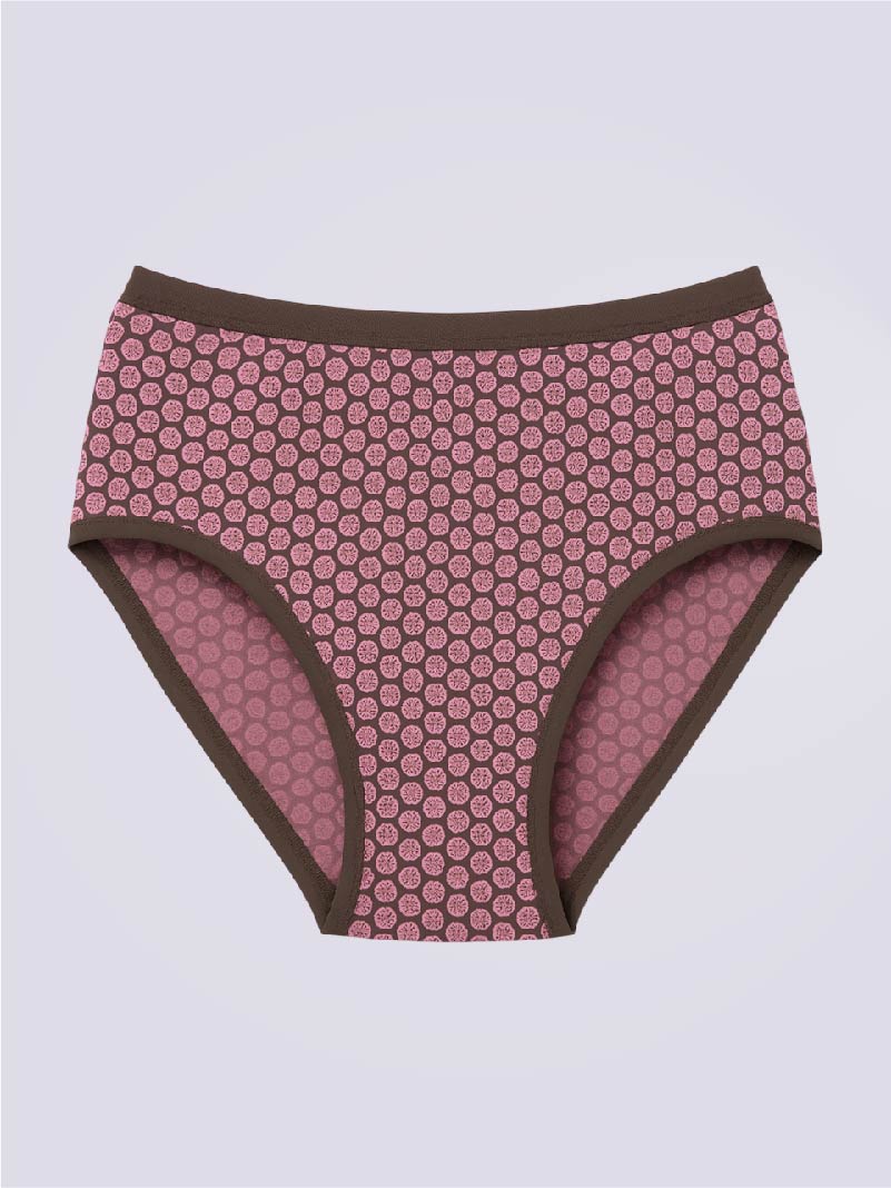 Pink patterned underwear with brown waistband on a light gray background