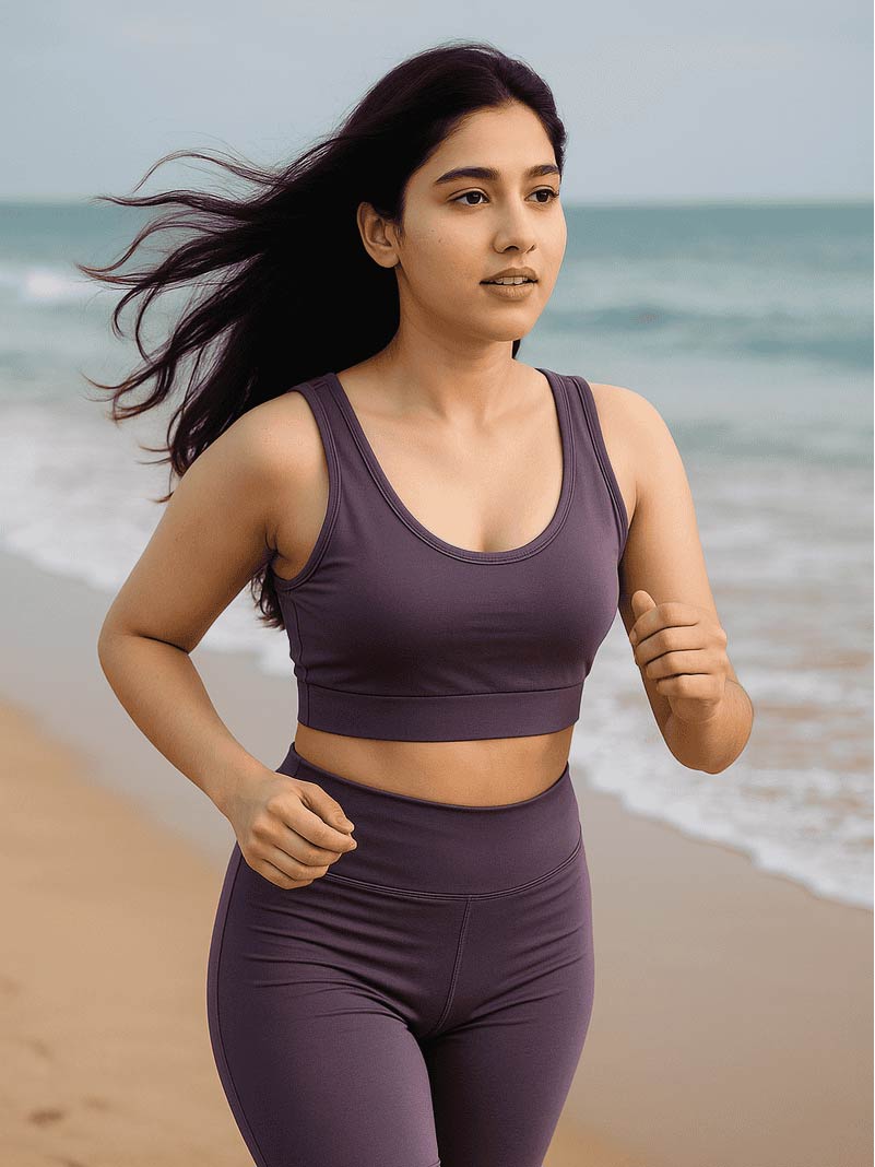 Woman running on a beach wearing a purple athletic outfit.