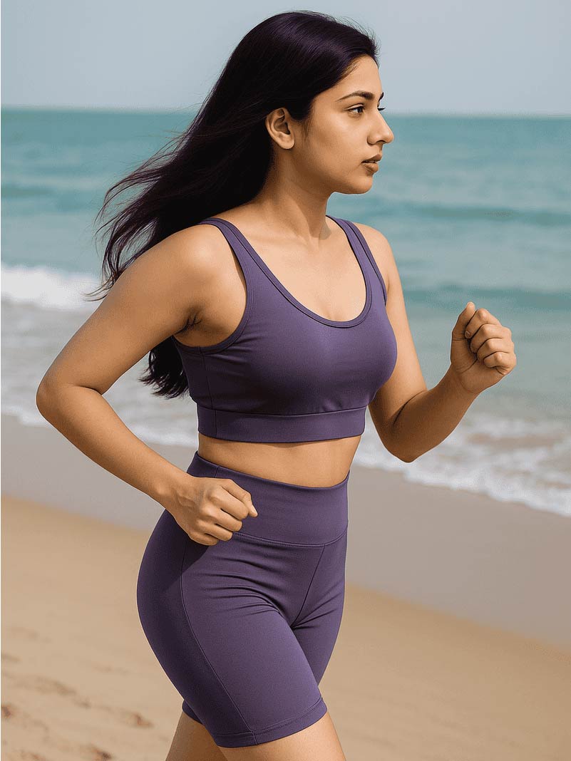 Woman in purple athletic wear running on a beach