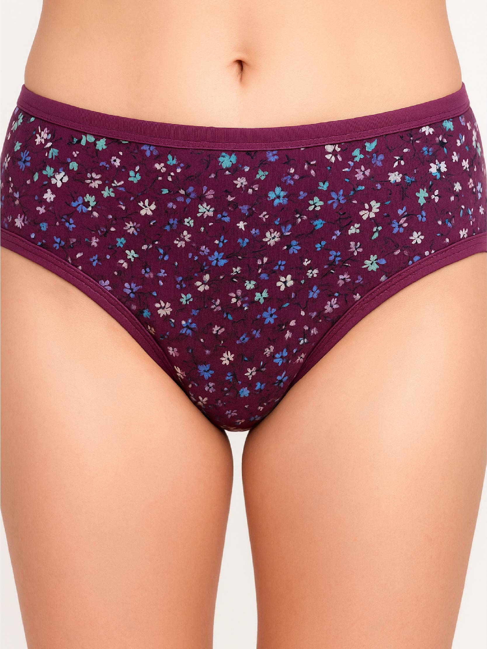 Purple floral-patterned underwear on a plain background