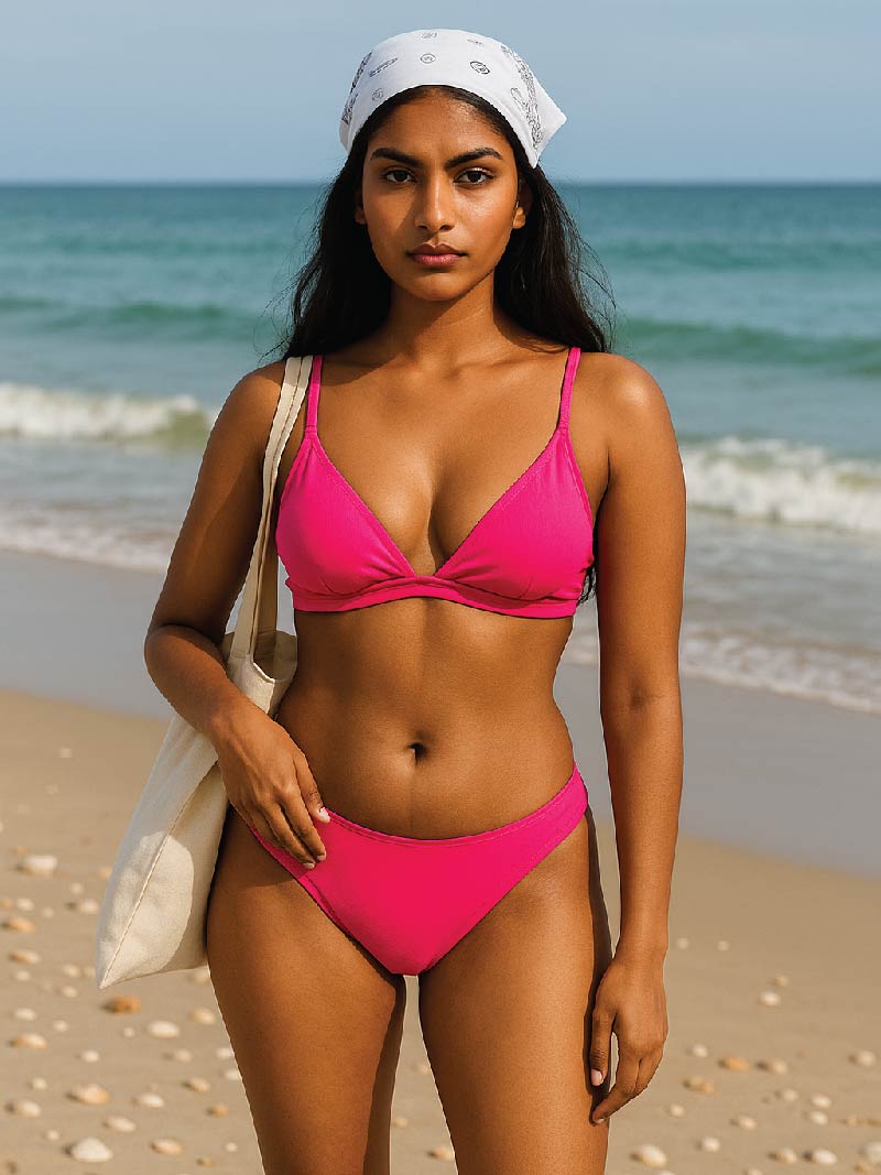 Woman in a pink bikini standing on a beach with ocean in the background