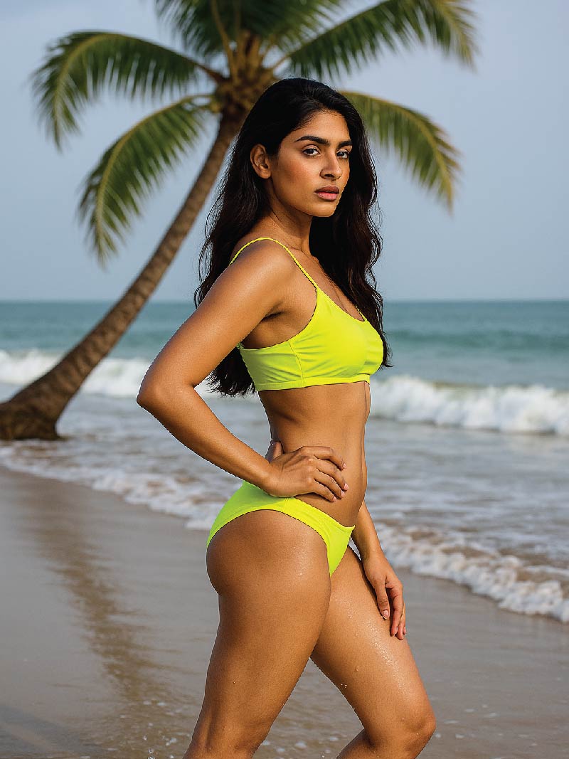 Woman in a solid neon green bikini standing on a beach with palm trees and ocean waves in the background.