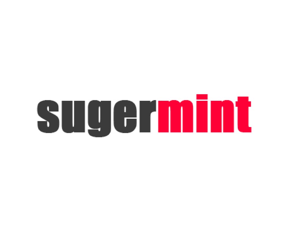 Logo with 'sugermint' text in black and red on white background