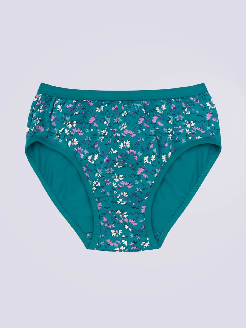 Teal floral-patterned underwear on a light gray background