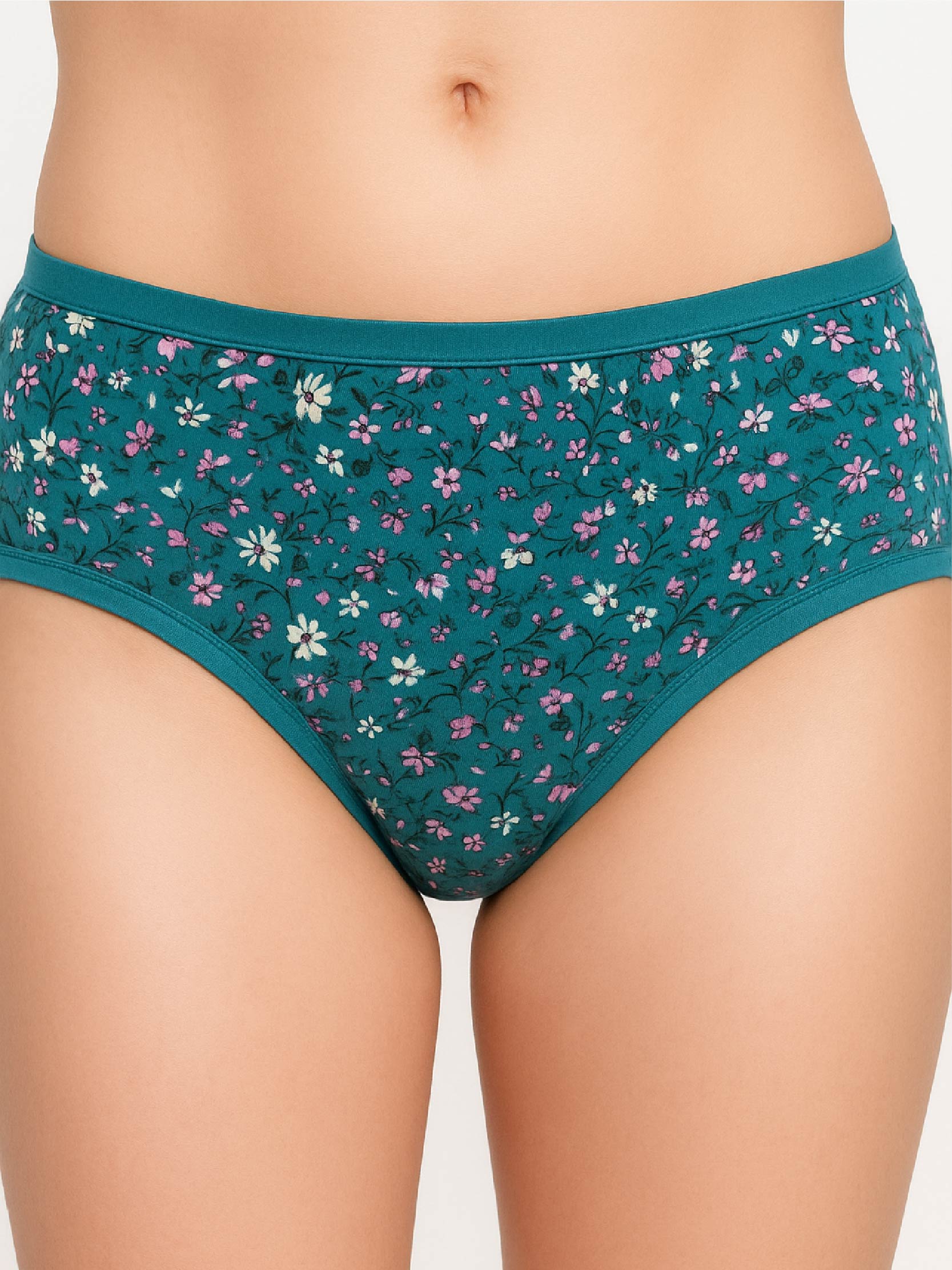Teal floral-patterned underwear on a plain background