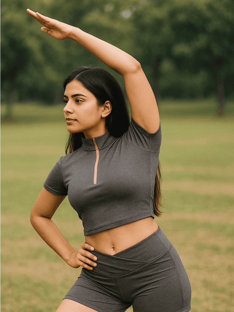 Woman in gray athletic wear stretching outdoors in a park